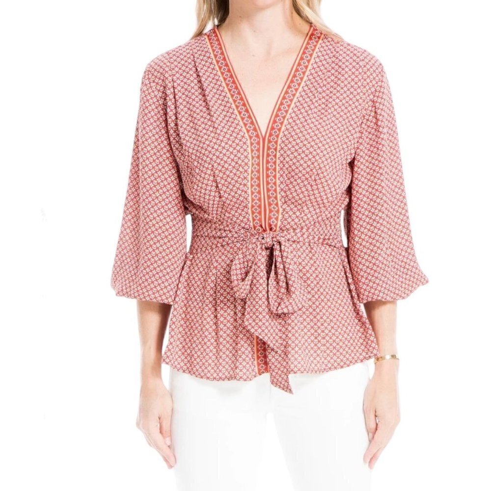 Max Studio Womens S Red Geometric Print 3/4 Balloon Sleeve Tie Front Peplum Hem